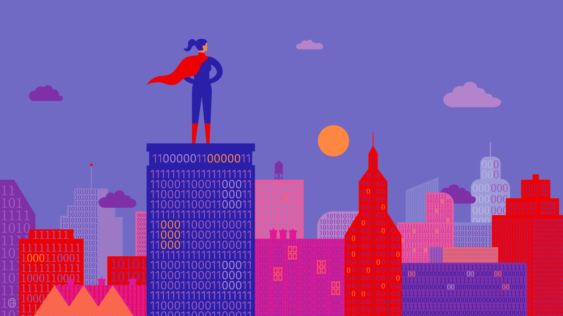 An illustration of a woman wearing a red cape standing on top of a skyrise building made of zeros and ones.