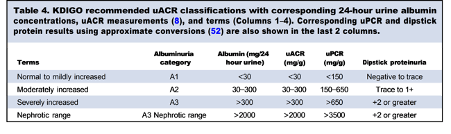 Table 4. KIDGO recomended uACR classifications with corresponding 24-hour urine albumin concentrations, uACR measurements, and terms. Corresponding uPCR and dipstick protein results using approximate conversaions are also shown in the last 2 columns