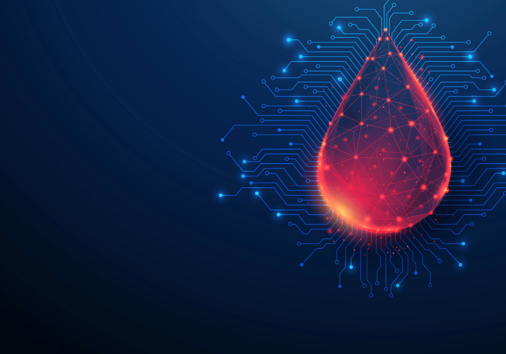 An illustration of a blood drop with circuitry to represent AI and lab medicine