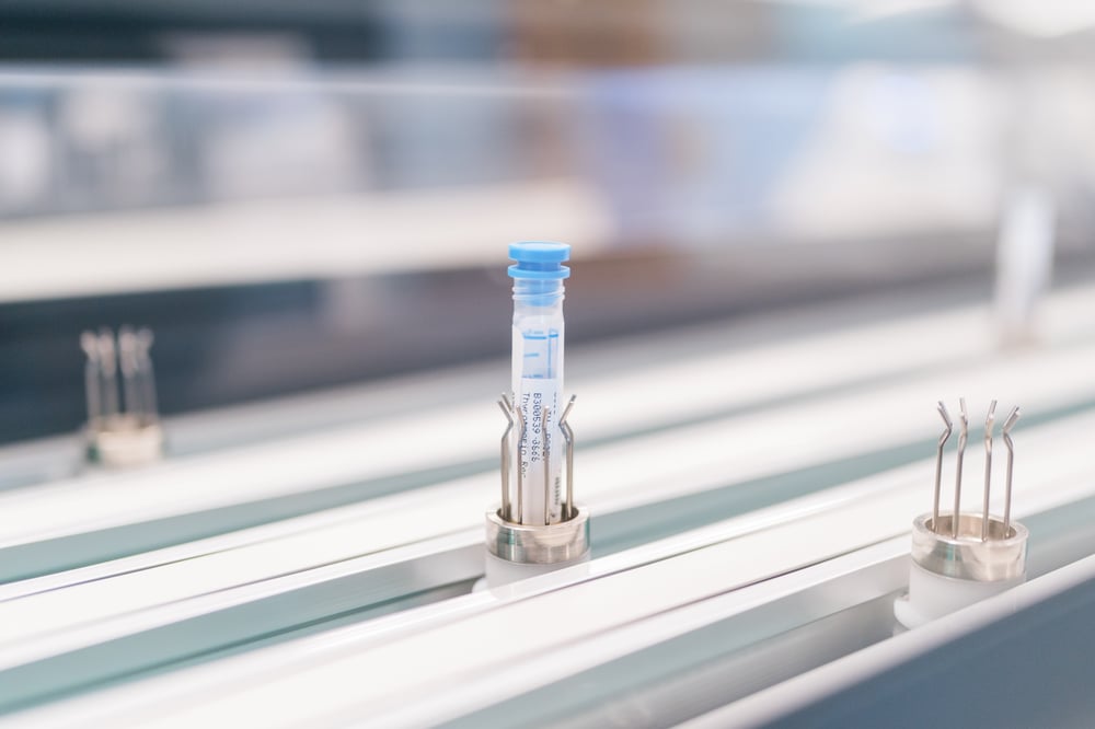 A lab bench with a blue capped test tube standing up