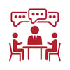 Three figures talking at table - red icon