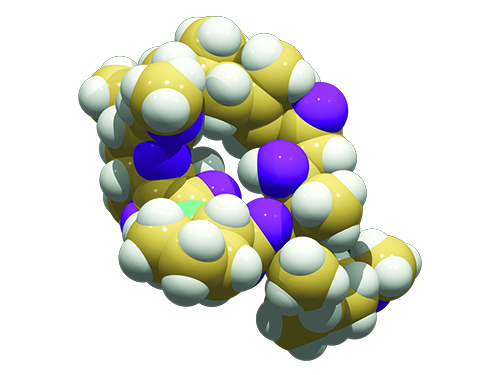 A yellow, white, purple, and green molecule