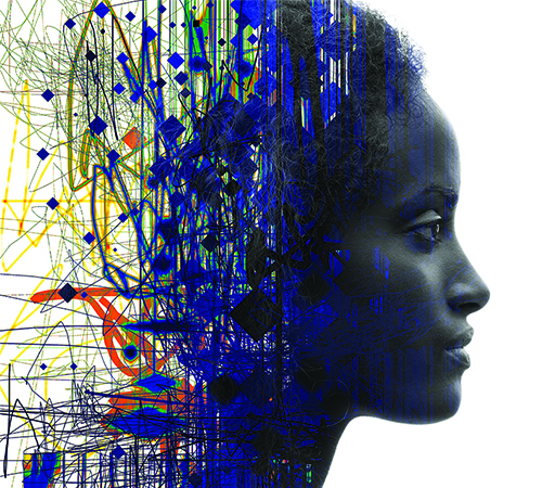 A side profile of a woman with scribbled lines covering that back half of her head