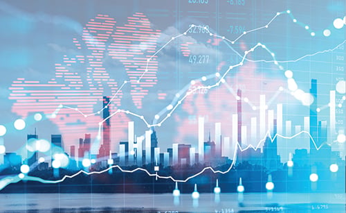 An image of skyscrapers behind a map and different graphs