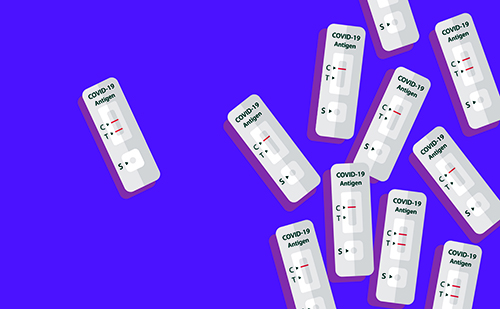 Multiple at-home COVID-19 tests in front of a purple background