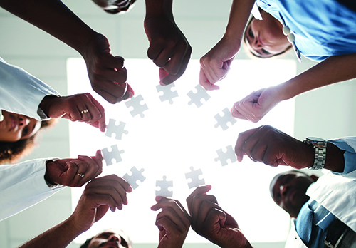 Laboratorian hands in a circle each holding puzzle pieces.