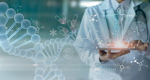 A laboratorian holding a tablet with medical holograms around it.