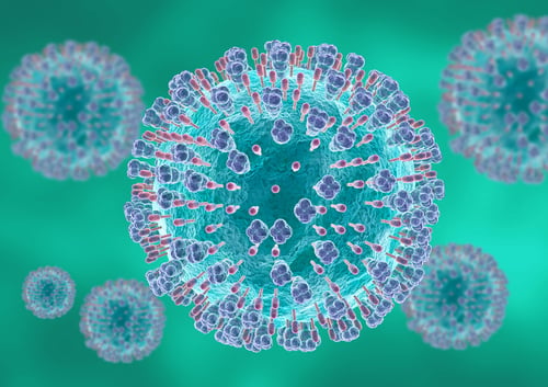 Microscopic respiratory syncytial virus. It causes infections of the respiratory tract and lungs in newborns and young children.