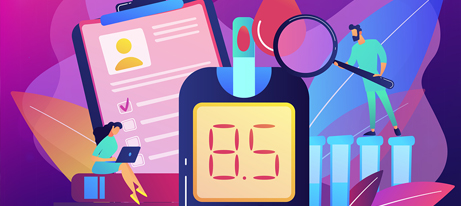 A conceptualization of a glucose meter showing an HbA1c result, a patient medical record, test tubes, a medical professional magnifying a blood drop and a woman typing into a laptop