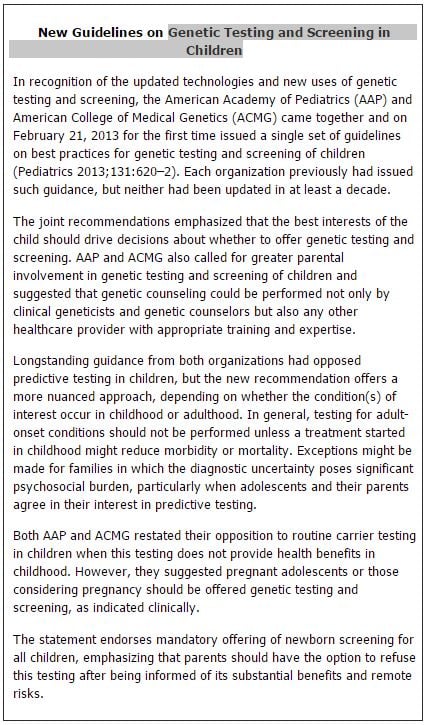 New Guidelines on Genetic Testing and Screening in Children