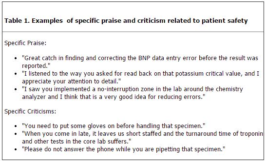 Table 1. Examples  of specific praise and criticism related to patient safety