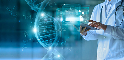 A laboratorian on a tablet with holographic medical structures around.