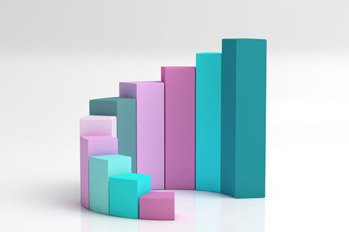 Purple, turquoise, and green, bars lined up in a curve