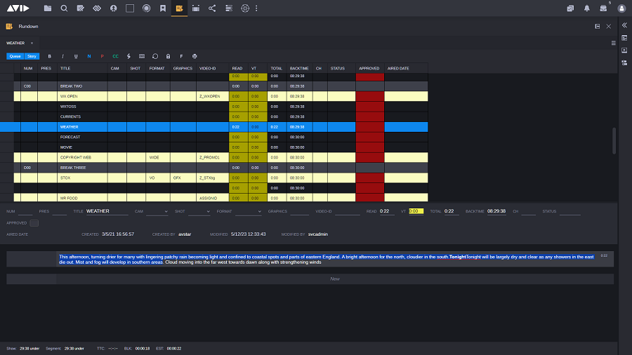 MediaCentral Cloud UX Rundown app timing bar