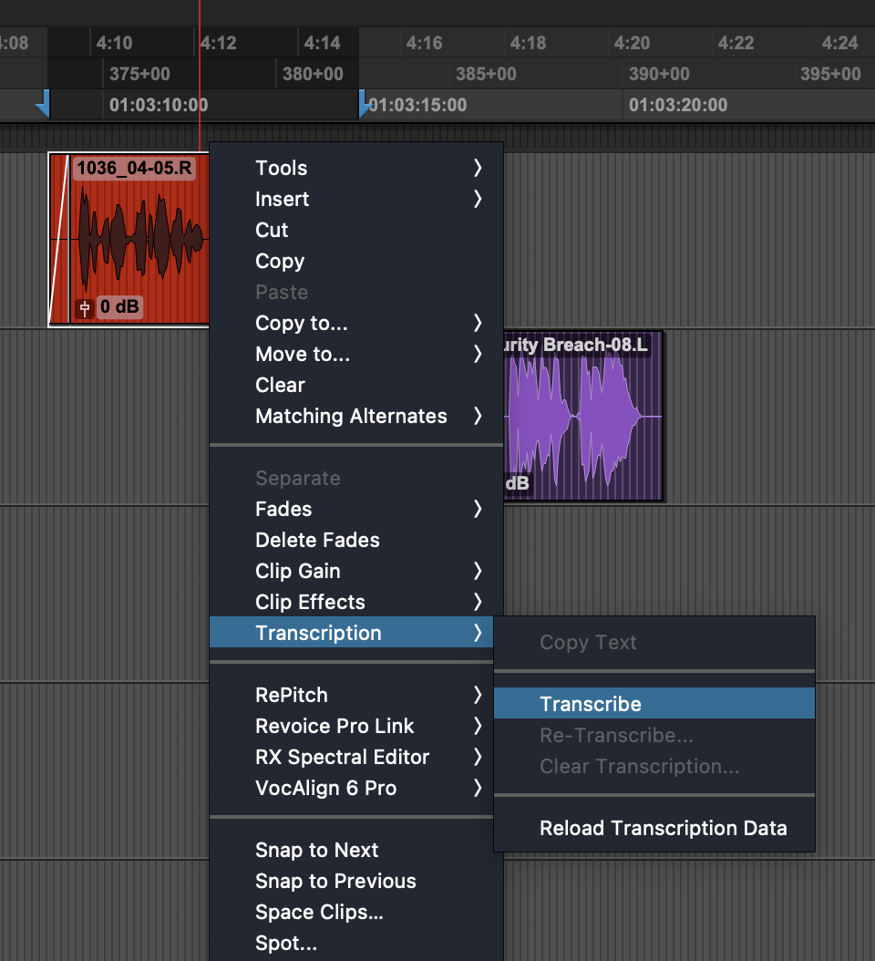 Speech transcription screenshot to Text in Pro Tools