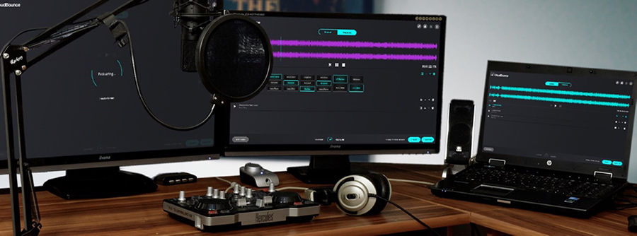 home recording studio with CloudBounce on multiple monitors