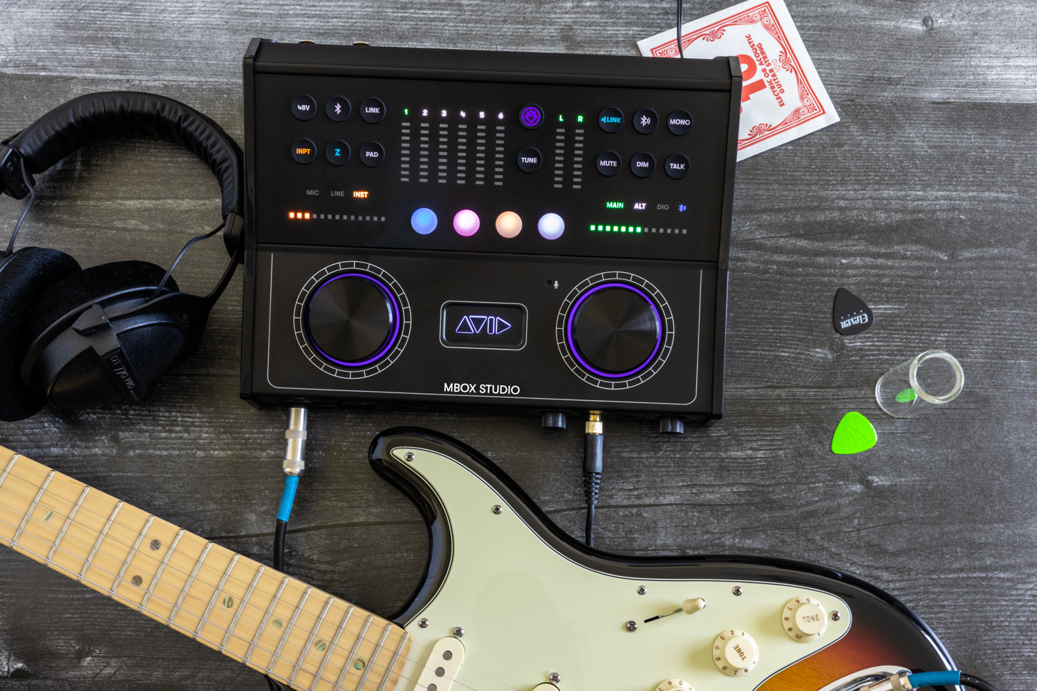 MBOX Studio audio interface on desk with guitar Variable Z