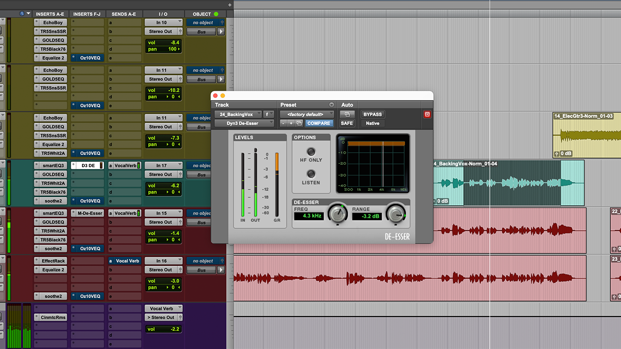 pro tools session with dyn3 de-esser