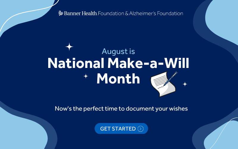 A graphic with dark blue saying August is National Make-A-Will Month and Now's the perfect time to document your wishes with a pen and paper icon. 