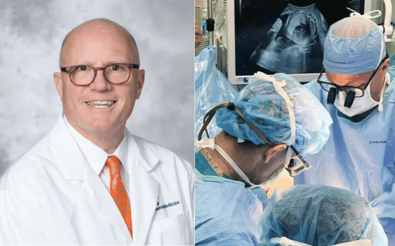 Dr. Ken Liechty in a white coat and scrubs. 