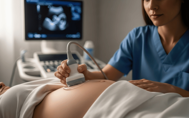 Female doctor doing an ultrasound on pregnant woman. 