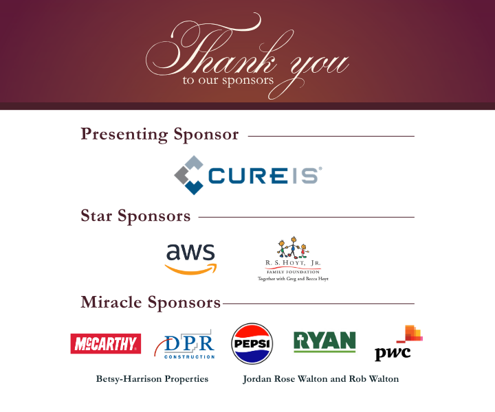 A thank you to sponsors list featuring CUREIS as the presenting sponsor, AWS and R.S. Hoyt Jr. Family Foundation as star sponsors, and McCarthy, DPR Construction, Pepsi, Ryan, and PwC as miracle sponsors.