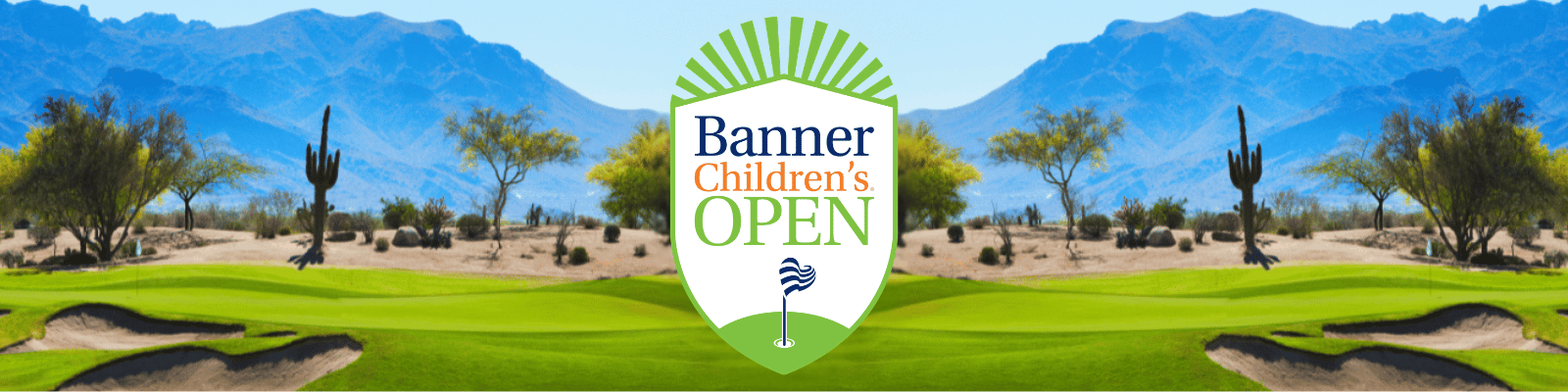 Banner Children's Open logo in front of a golf course in Arizona. 