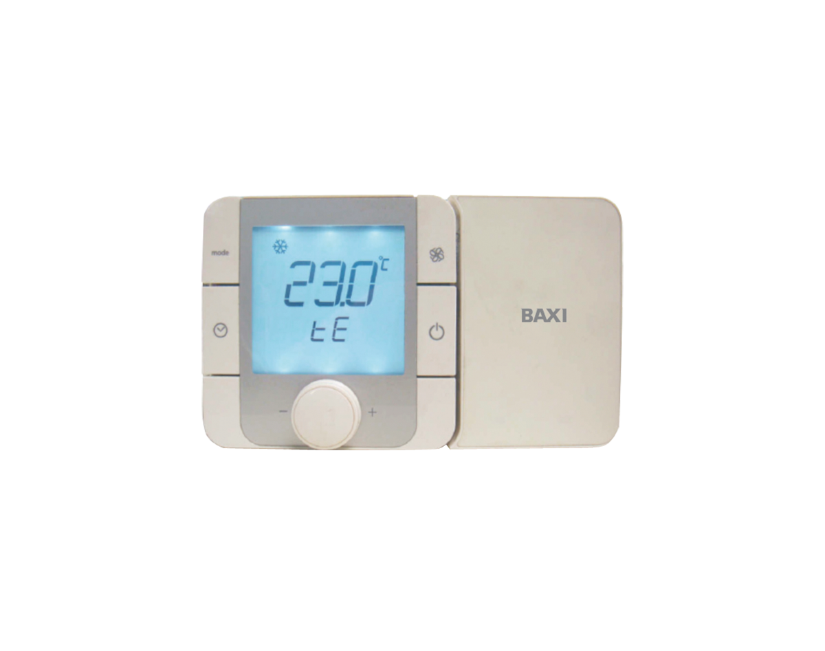 Unidad de regulación para equipos de climatización con termostato ambiente de pared TH-TUNE con pantalla y botones de control