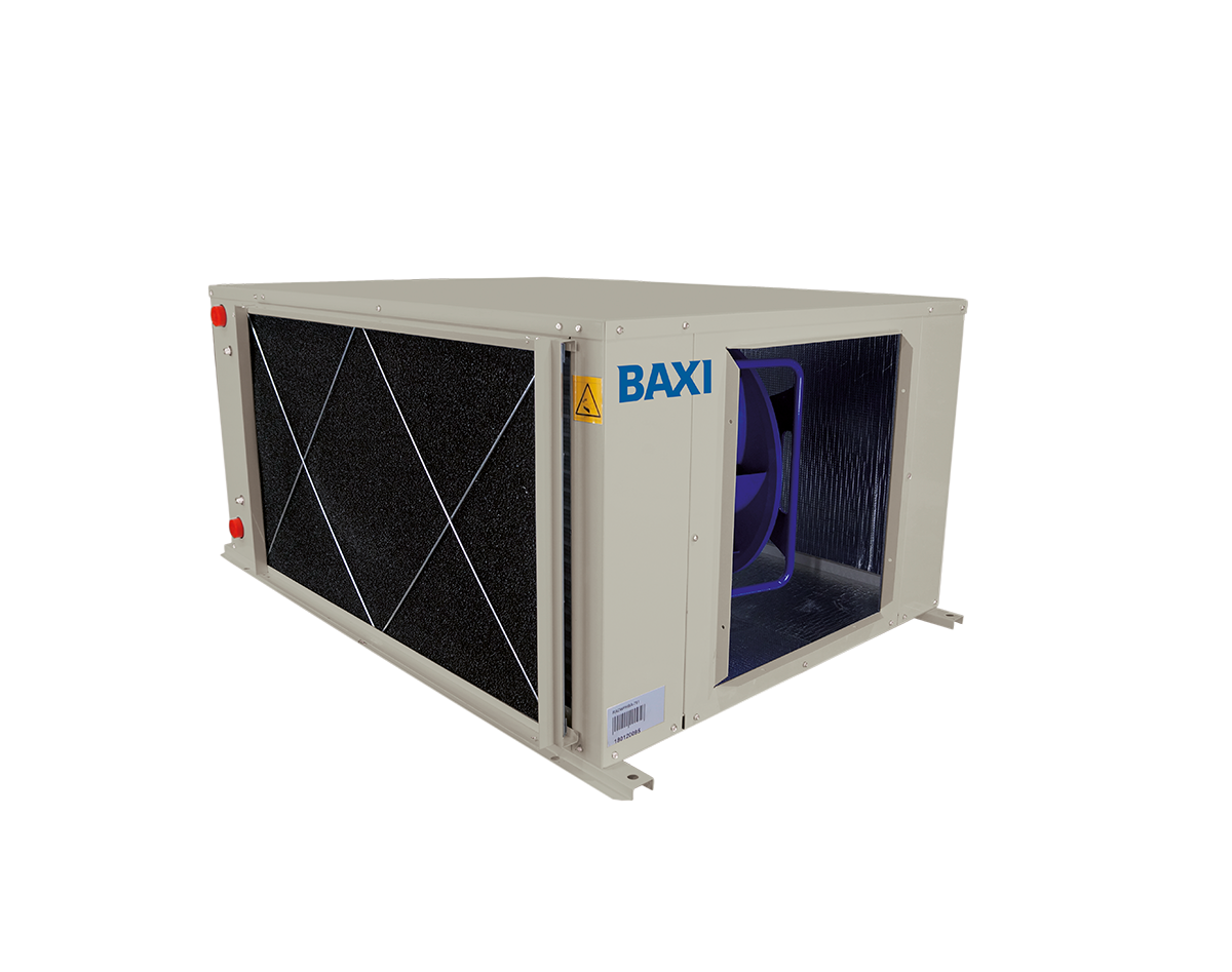 Unidades autónomas agua-aire WPHBA HE-WPHA HE de tipo horizontal, condensador placas vista de perfil y detrás