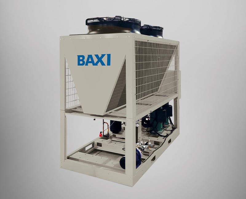 Bomba de calor reversible µKr3Bi, compacta, aire-agua, con formato frontal, compresor scroll inverter DC vista de perfil