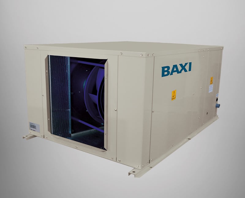 Unidades autónomas agua-aire WPHBA HE-WPHA HE de tipo horizontal, condensador placas vista de lado y frente