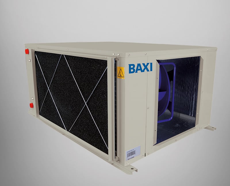 Unidades autónomas agua-aire WPHBA HE-WPHA HE de tipo horizontal, condensador placas vista de perfil y detrás