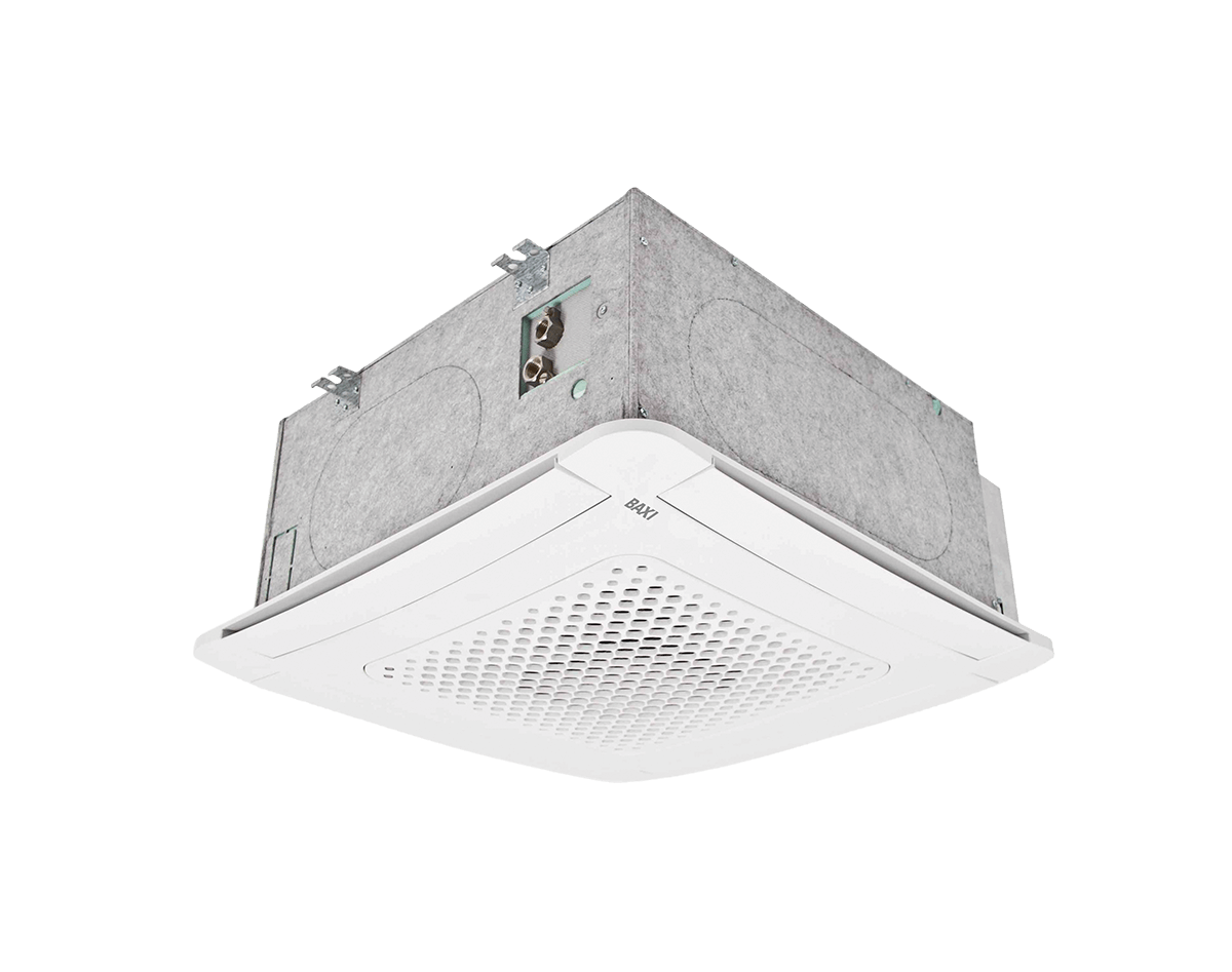 Ventiloconvetor tipo cassete BAXI FKZEN para instalação no teto, com grelha de insuflação branca