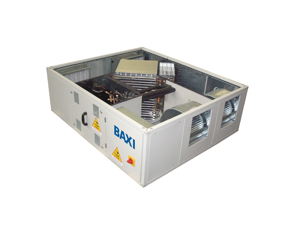 Unidade de recuperação de calor BAXI RCAH-RCF com componentes interiores e ventiladores visíveis