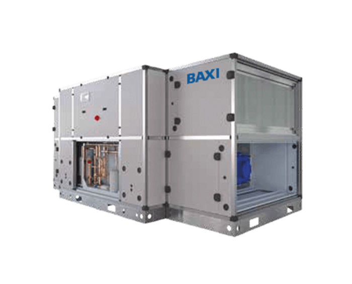 Unidade de recuperação de calor BAXI RCASH com painéis modulares e componentes interiores visíveis