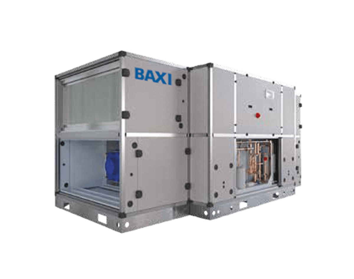Unidade de recuperação de calor BAXI RCASR com painéis laterais e componentes interiores visíveis