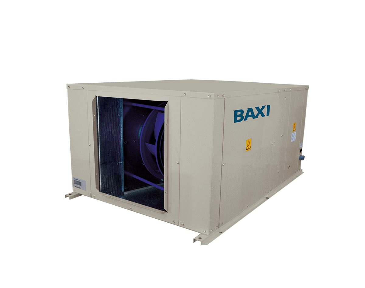 Unidade autónoma água-ar BAXI VERNE WPHBA HE / WPHA HE com bateria e ventilador interiores visíveis