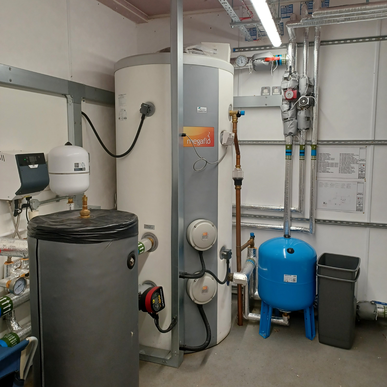 Baxi Auriga HP 40 ASHP with Megaflo Flexistor 1000 litre hot water cylinder provide sanitary hot water for showers at Carmarthenshire's Pembrey Caravan and Camping Park