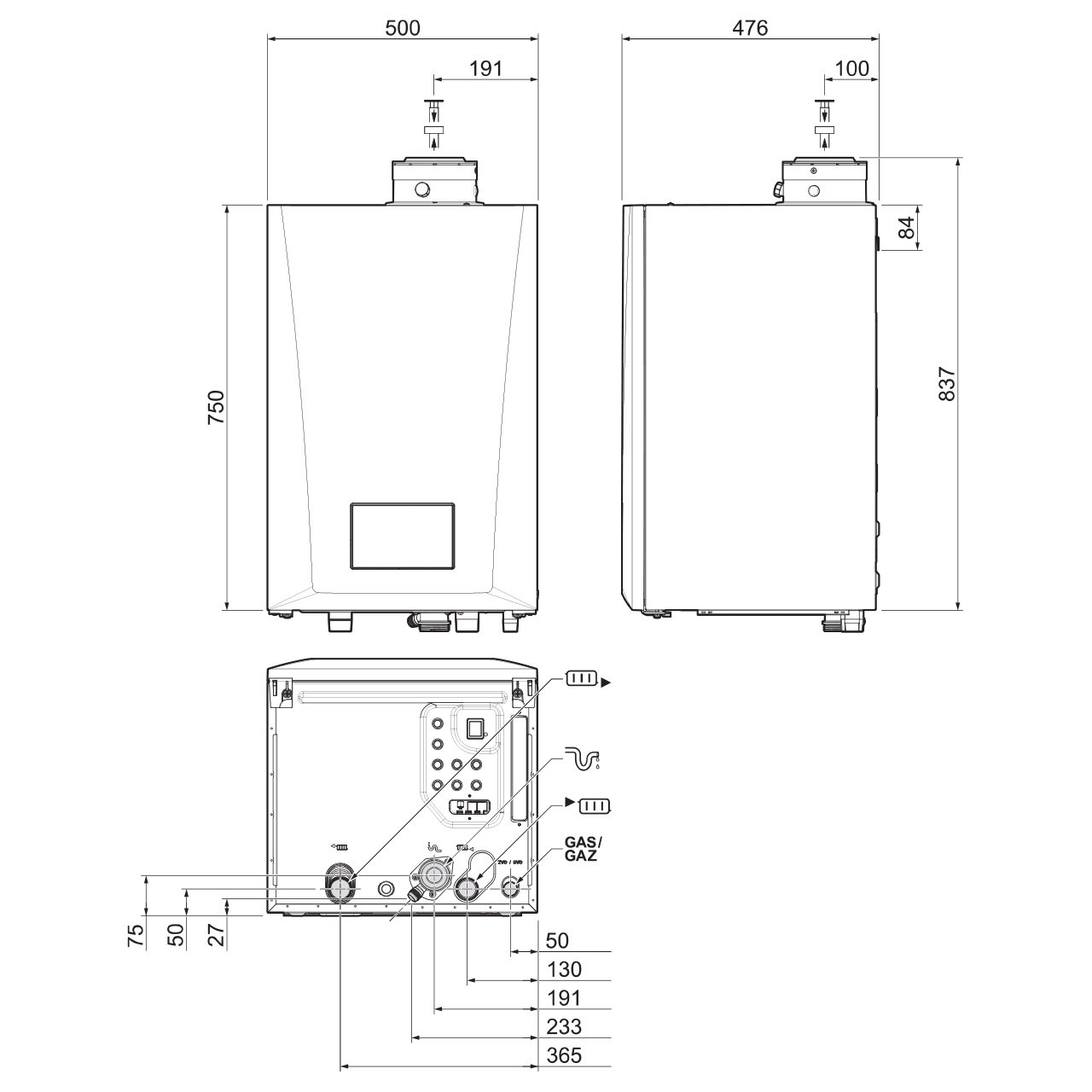 Baxi Quinta Ace S Commercial Boiler Dimensions for 50kW – 70kW