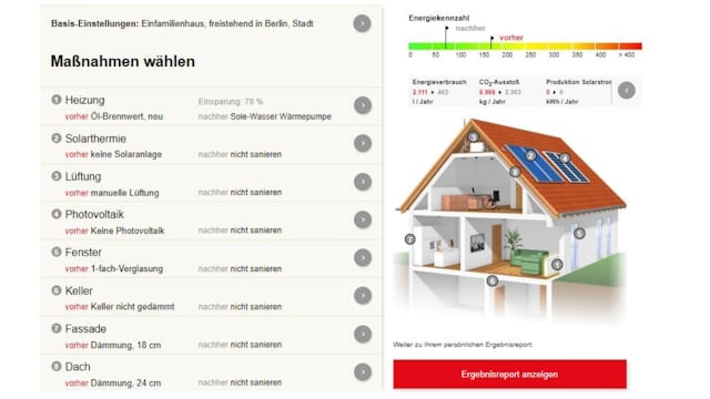 Screenshot des Energiesparrechners