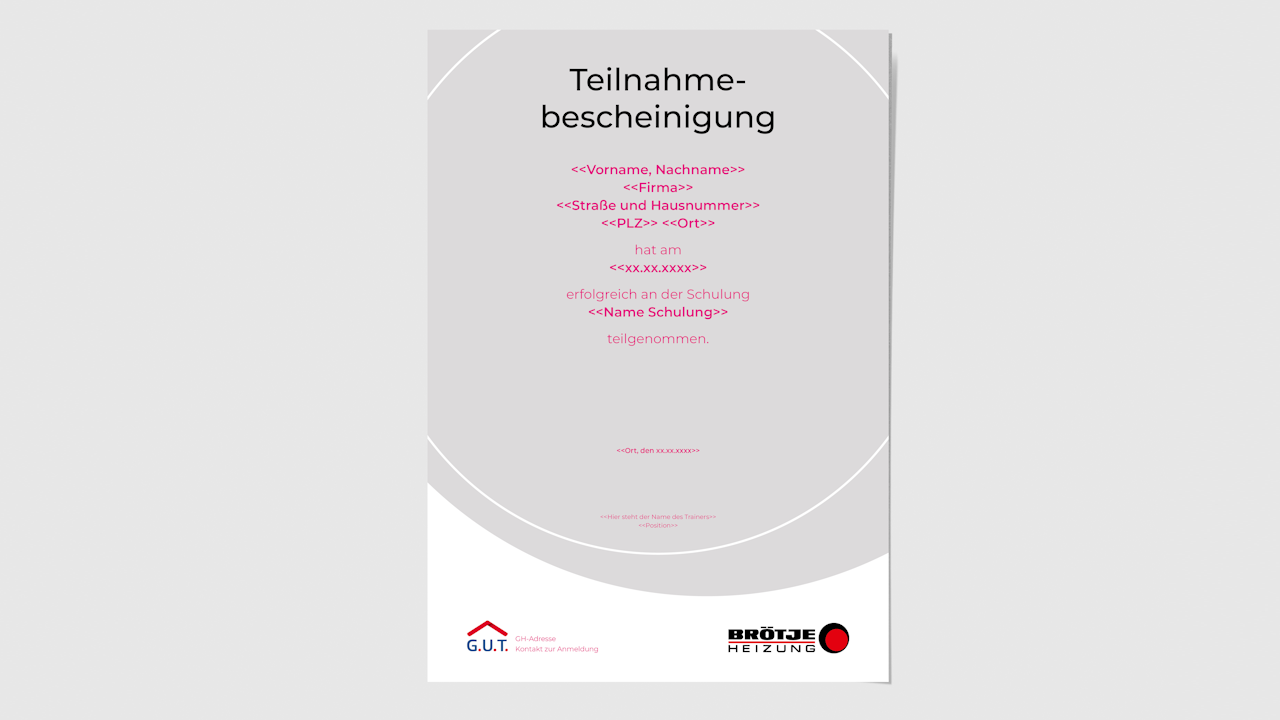 Beispiel für den Vordruck einer Teilnahmebescheinigung an einer Schulung aus dem BRÖTJE Marketingkatalog