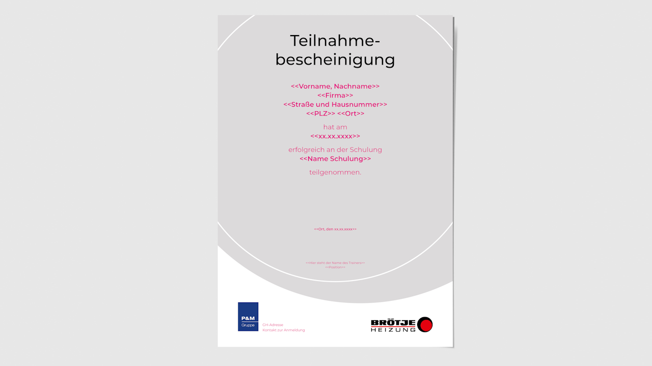 Beispiel für den Vordruck einer Teilnahmebescheinigung an einer Schulung aus dem BRÖTJE Marketingkatalog