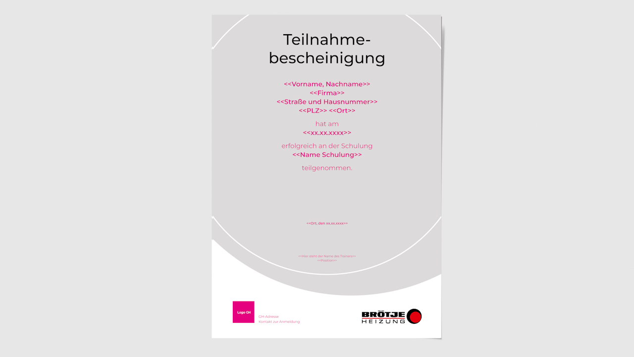 Beispiel für den Vordruck einer Teilnahmebescheinigung an einer Schulung aus dem BRÖTJE Marketingkatalog