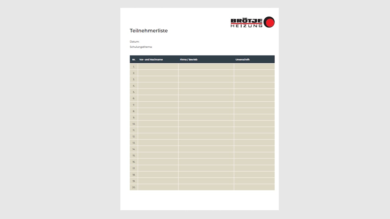 Beispiel für den Vordruck einer Teilnehmerliste an einer Schulung aus dem BRÖTJE Marketingkatalog