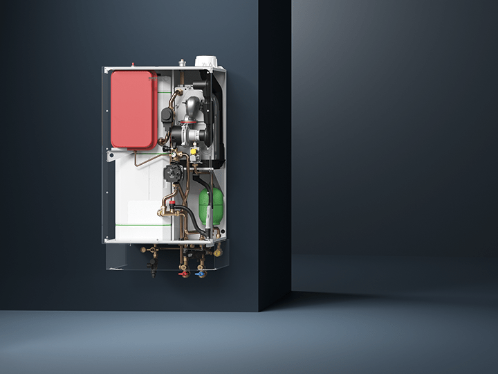 Der Gasbrennwertwandkessel WGB-K der neuen Generation von BRÖTJE ohne Abdeckung und mit Blick auf die Technik im Inneren