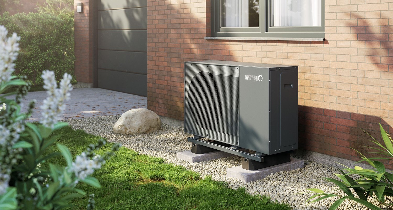 Luft-Wasser-Wärmepumpe BLW Eco 2 von BRÖTJE im Vorgarten vor einer Hauswand