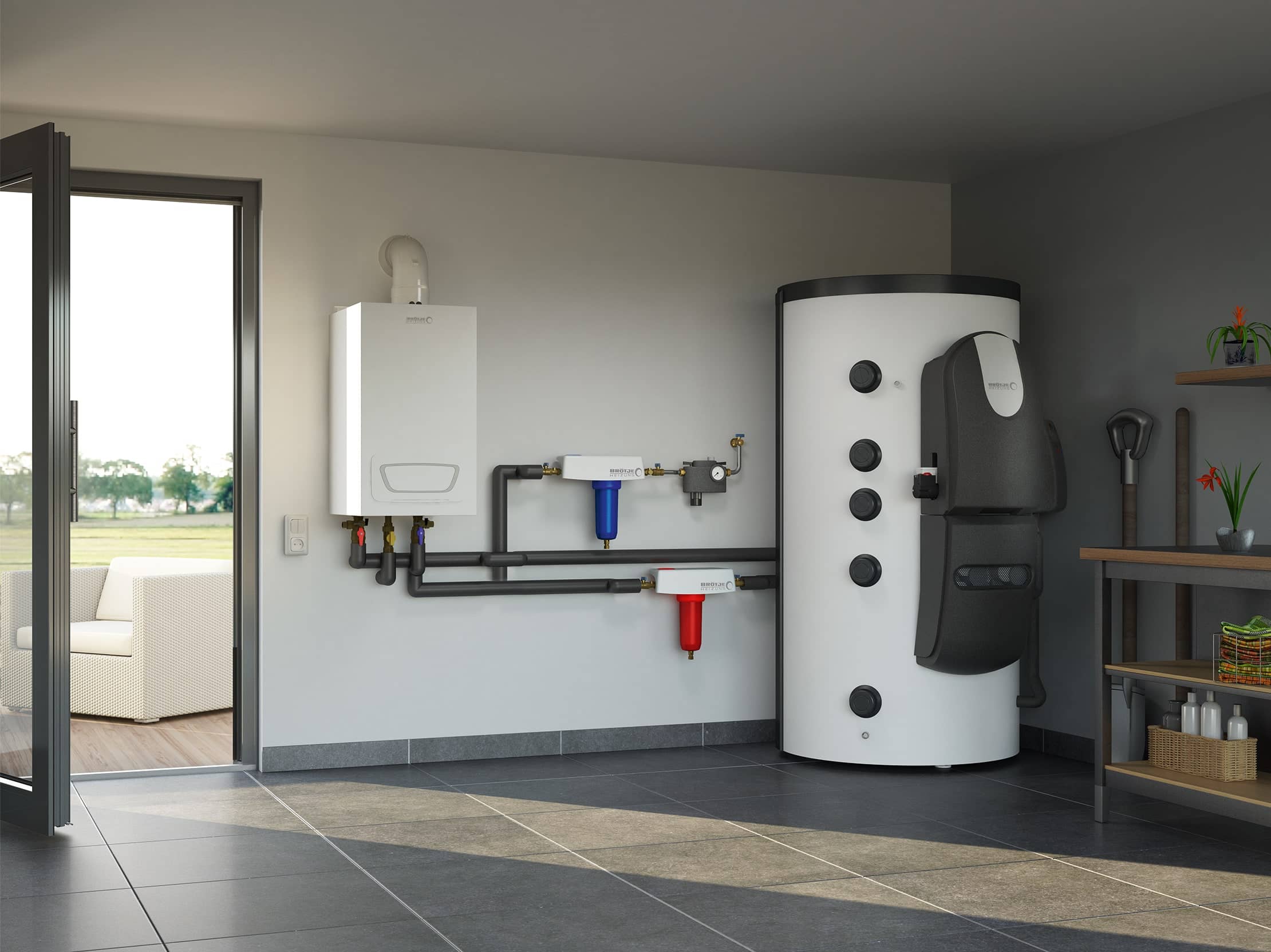 Ein Wasseraufbereitungsgerät in weiß/grau, aufgestellt im Technikraum eines Hauses mit Blick in den Garten.