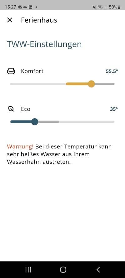 Home Komfort App Trinkwassertemperatur