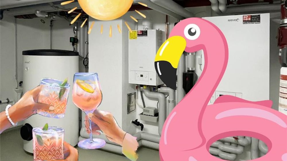 Gezeichnete und ins Bild montierte Cocktailgläser, Sonne und Flamingo-Badering in einem Heizungskeller