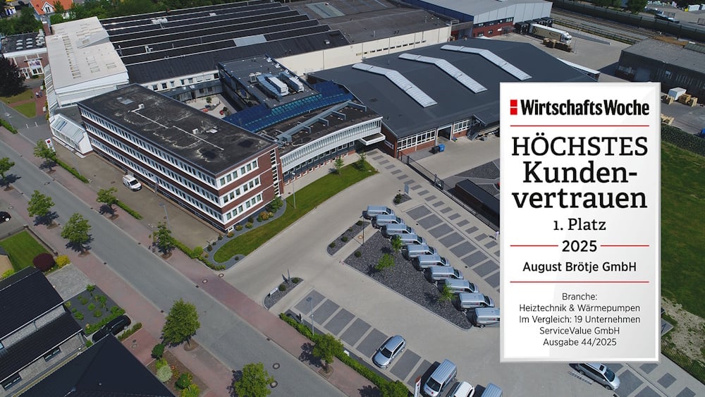 BRÖTJE Unternehmenssitz aus der Vogelperspektive mit Siegel der Wirtschaftswoche für "Höchstes Kundenvertrauen"